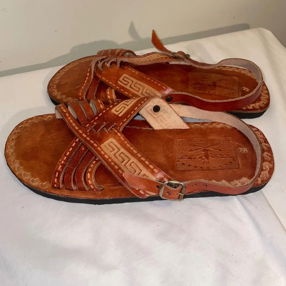Don Porfirio Leather Huarache Sandals Tan Greek Key Etched Mens 8
